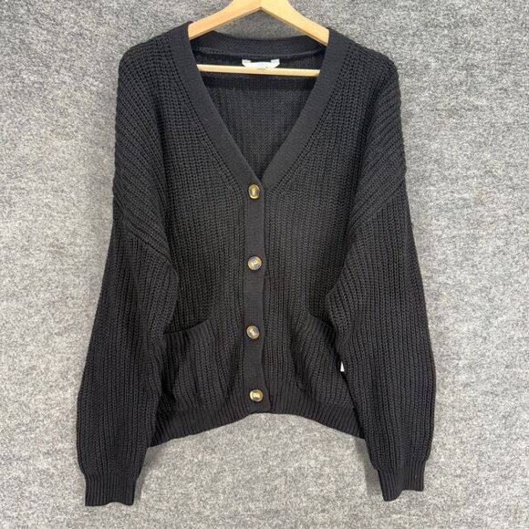 New Time And Tru Cardigan Women L Large Black V-Neck Long Sleeve Button Cotton - Picture 1 of 8